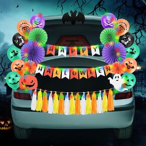 Halloween Trunk or Treat Car Decorations Kit with LED Lights, Car Archway Garage Halloween Decoration, Happy Halloween Themed Design with Balloons, Banner, Paper Fans, Tassel and Pumpkin Stickers