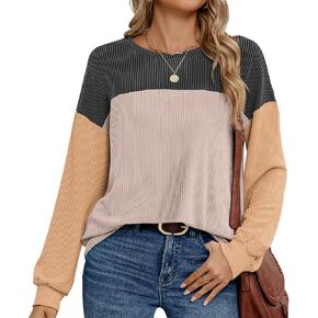 المرأة كتلة اللون طويلة الأكمام Crewneck محبوك عارضة فضفاض القمصان قمم