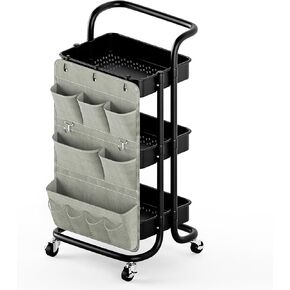3 Tier Utility Rolling Cart with Side Bags and 9 Hooks, Mobile Organizer with Metal Handle and Lockable Wheels, Extra Storage for Kitchen Bathroom Office Workshop (Black)
