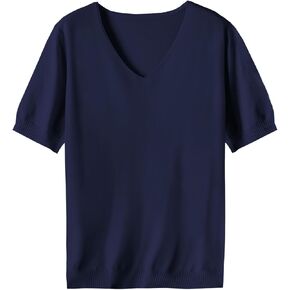 SANGTREE Women's Short Sleeve Sweaters Tops Solid V Neck Knit Casual Soft Pullover