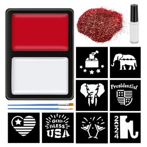 Lictin Red White Blue Face Paint Kit, 3 Color Water-Based Patriotic Face Paint with Glitter, 30 Stencil Stickers, USA Flag 4th of July Face Paint for Independence Day, Halloween Cosplay, Veterans Day