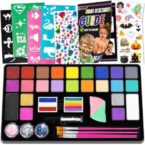 Face Painting Kit for Kids, 24 Colors Washable Face Paint, Safe for Sensitive Skin, Non-Toxic Professional Face Painting Kit, Halloween Birthdays Makeup Set with Stencils, Guide Book