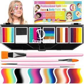 Drawdart Professional Face Painting Kit for Kids Adults, Split Cake Face Paint Palette 12 x 10gm with Stencil, One Stroke Non Toxic Rainbow Face Body Paint Set Halloween Christmas Makeup