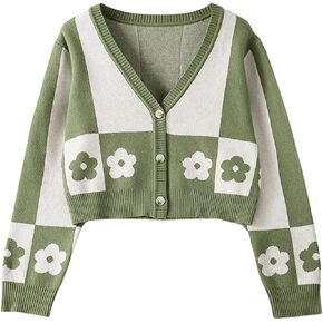 MakeMeChic Girl's Colorblock Floral Print V Neck Button Down Cardigans Long Sleeve Cute Tops