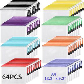 64pcs Mesh Zipper Pouch Bags, 8 Colors Reusable A4 Zipper Bags for Organizing Storage, Waterproof Zipper Pouches, Letter Size, Zipper File Bags for Office Supplies, School, Toys,Puzzle