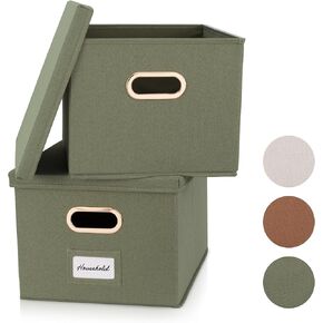 ZICOTO Decorative File Organizer Box Set of 2 - Collapsible Linen Filing Cabinets w/Handles Are Perfect to Store all Your Documents & Hanging File Folders - Portable Easy Slide File Crates with Lid