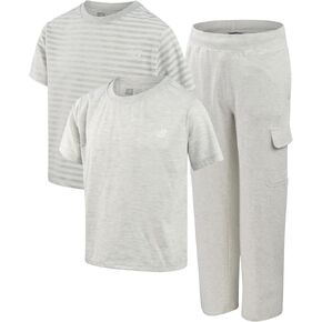 New Balance Girls' Activewear Set - 3 Piece Performance Crewneck T-Shirts and Wideleg Cargo Pants Set for Girls (7-16)