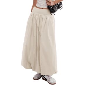 Women Y2k Bubble Maxi Skirt Summer Elastic Low Waist A Line Long Skirt Casual Fairy Ruffle Pleated Midi Dress
