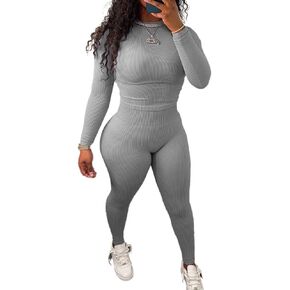 HBQ Women Two Piece Outfits Workout Sets Ribbed Casual Jogging Suits Long Sleeve Tracksuits