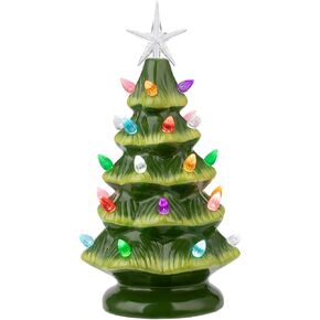 Sunnyglade 11" Ceramic Christmas Tree Tabletop Christmas Tree Lights with 28 Multicolored Lights and 1 Star Toppers for Table Top Desk Classic Series Christmas Decoration (Green) (Green)
