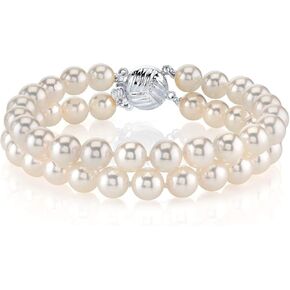 The Pearl Source 14K Gold 6.0-6.5mm Round White Double Japanese Akoya Saltwater Cultured Pearl Bracelet for Women Pearl Gifts for Christmas, Holidays and Anniversary