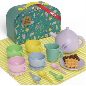 Silicone Tea Set for Kids - 18 Pcs Toddler Tea Party Set with Picnic Cloth - Cute Boutique Gift Storage Case - Food Grade Child Tea Set for Play Bath and Beach - Toddler Tea Set 1-6 Years