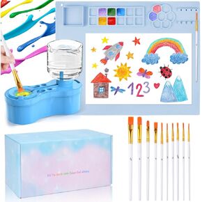Painting Station, Paint Brush Cleaner and Silicone Painting Mat 20"X16", Silicone Art Mat with 10 Paint Brushes, Paint Brush Rinser, Art Painting Supplies Set (Pink)