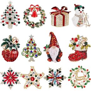 12 Pcs Christmas Brooch Pins Set for Women Rhinestone Crystal Christmas Tree Wreath Snowman Reindeer Christmas Ornament Jewelry Pins Gift in Saudi Arabia