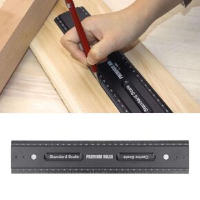 Straight Ruler Aluminum Alloy Scale Ruler with Thread Hole,Laser Etched Aluminum Triangular Ruler Black for Woodworking Scribing Measuring Drawing