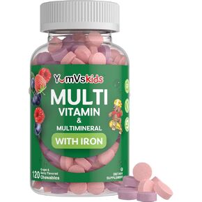 Multivitamin & Multimineral with Iron Chewables for Kids by YumVs | Daily Dietary Supplement for Children | Natural Grape and Berry Flavor Chewables-120 Count