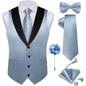 DiBanGu Mens Shiny Satin Vest Tie Set 8PCS Solid Waistcoat and Pre-tied Bowtie Shawl Collar Dress Vest for Wedding Formal