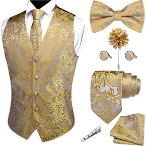 GUSLESON Formal Men Vest Paisley Floral Jacquard Tie Waistcoat Bow tie Hanky Lapel Pin Cufflinks Set Wedding 7PCS