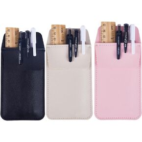 GORGECRAFT 3PCS 3 Colors Pocket Protector Leather Pen Pouch Holder Organizer for Shirts Coats Pants Pen Sleeve Multi-Purpose Pen Pocket Holds Pens Pointers Pencils and Notes Card Pink Black Beige
