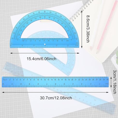 2 Packs Plastic Ruler 12 Inch Protractor Angle Finder Plastic Ruler and Protractor Set Math Geometry Set Clear Ruler School Supplies Set Transparent Ruler for School Home Supplies Drawing (Blue) in Saudi Arabia
