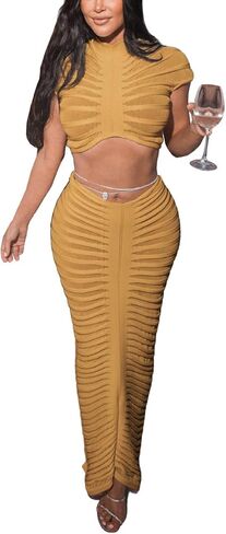 طقم ملابس مثير شفاف من خلال فستان طويل محبوك برقبة وهمية وتنورة طويلة مكونة من قطعتين in Kuwait