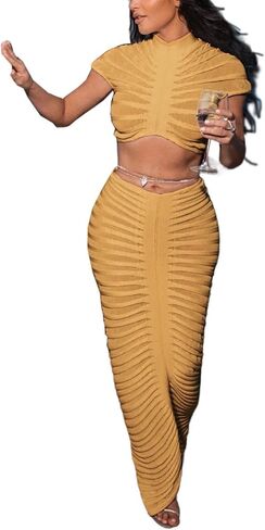 طقم ملابس مثير شفاف من خلال فستان طويل محبوك برقبة وهمية وتنورة طويلة مكونة من قطعتين in Kuwait