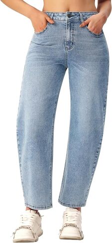 roswear Women's Barrel Jeans High Waisted Wide Leg Cropped Jeans Stretchy Baggy Ankle Denim Pants in Saudi Arabia