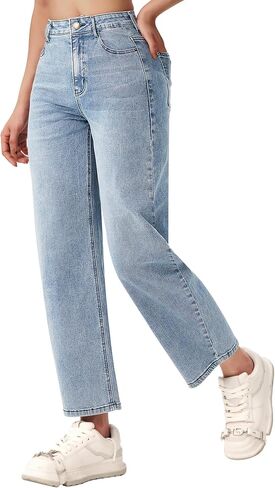 roswear Women's Barrel Jeans High Waisted Wide Leg Cropped Jeans Stretchy Baggy Ankle Denim Pants in Saudi Arabia