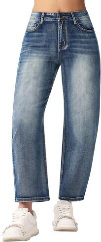 roswear Women's Barrel Jeans High Waisted Wide Leg Cropped Jeans Stretchy Baggy Ankle Denim Pants in Saudi Arabia