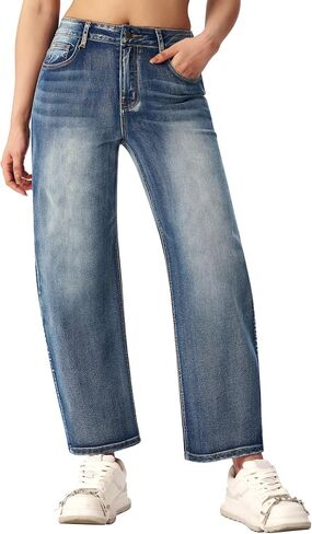 roswear Women's Barrel Jeans High Waisted Wide Leg Cropped Jeans Stretchy Baggy Ankle Denim Pants in Saudi Arabia