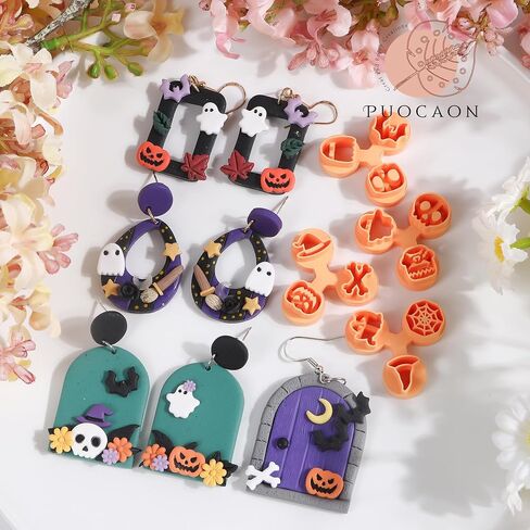 Puocaon Halloween Polymer Clay Cutters - قواطع طين الهالوين السعيدة للأقراط، قواطع طين البوليمر الساحرة للمجوهرات، قواطع أقراط طين البوليمر اليقطين الشرير، قواطع طين شبح مخيف in Saudi Arabia