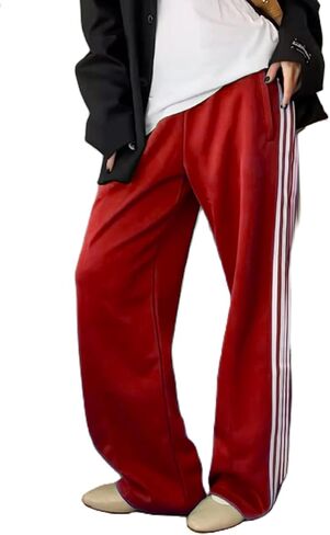 KMBANGI المرأة مخطط السراويل الترنك مرونة الخصر مستقيم الساق Sweatpants ركض واسعة الساق الجانب المشارب السراويل مع جيوب in Saudi Arabia