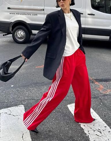 KMBANGI المرأة مخطط السراويل الترنك مرونة الخصر مستقيم الساق Sweatpants ركض واسعة الساق الجانب المشارب السراويل مع جيوب in Saudi Arabia