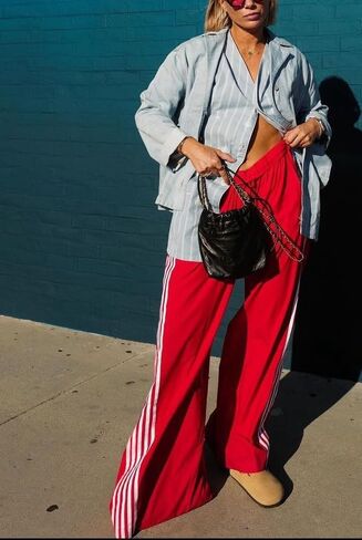 KMBANGI المرأة مخطط السراويل الترنك مرونة الخصر مستقيم الساق Sweatpants ركض واسعة الساق الجانب المشارب السراويل مع جيوب in Saudi Arabia