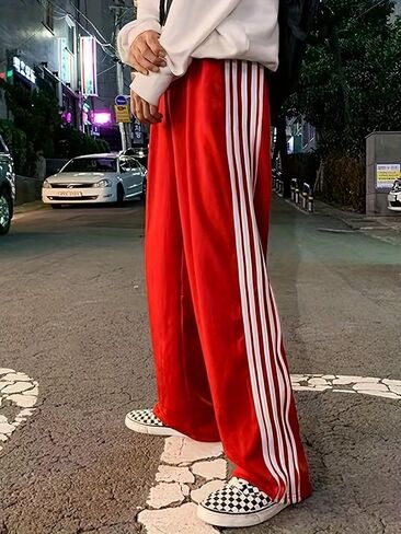KMBANGI المرأة مخطط السراويل الترنك مرونة الخصر مستقيم الساق Sweatpants ركض واسعة الساق الجانب المشارب السراويل مع جيوب in Saudi Arabia