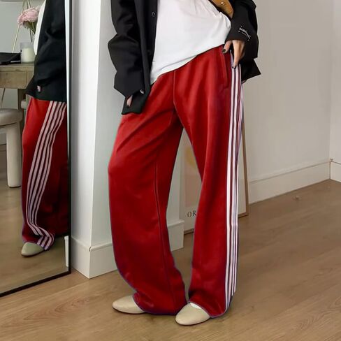 KMBANGI المرأة مخطط السراويل الترنك مرونة الخصر مستقيم الساق Sweatpants ركض واسعة الساق الجانب المشارب السراويل مع جيوب in Saudi Arabia