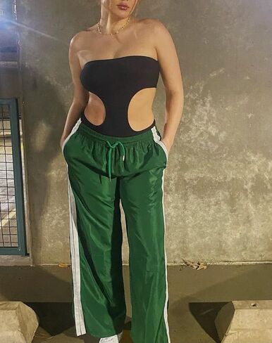 KMBANGI المرأة مخطط السراويل الترنك مرونة الخصر مستقيم الساق Sweatpants ركض واسعة الساق الجانب المشارب السراويل مع جيوب in Saudi Arabia