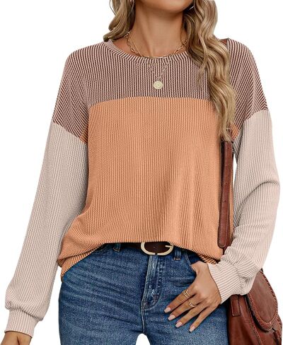 Womens Color Block Long Sleeve Crewneck Knitted Casual Loose Pullover Shirts Tops in Saudi Arabia