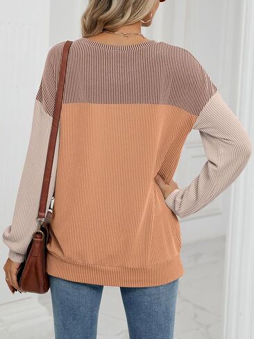 Womens Color Block Long Sleeve Crewneck Knitted Casual Loose Pullover Shirts Tops in Saudi Arabia