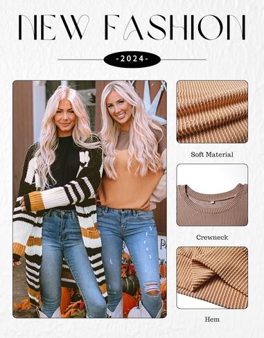 Womens Color Block Long Sleeve Crewneck Knitted Casual Loose Pullover Shirts Tops in Saudi Arabia