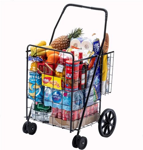 Jumbo Folding Shopping Cart,Collapsible Shopping cart with Double Basket and 360-Degree Wheels, Utility Cart for Grocery Laundry Book Luggage Travel （Black） in Saudi Arabia
