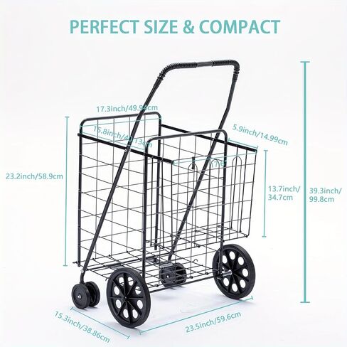 Jumbo Folding Shopping Cart,Collapsible Shopping cart with Double Basket and 360-Degree Wheels, Utility Cart for Grocery Laundry Book Luggage Travel （Black） in Saudi Arabia