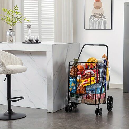 Jumbo Folding Shopping Cart,Collapsible Shopping cart with Double Basket and 360-Degree Wheels, Utility Cart for Grocery Laundry Book Luggage Travel （Black） in Saudi Arabia