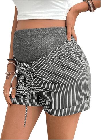 MakeMeChic Women's Maternity Shorts Striped Drawstring Waist Rib Knitted Pregnancy Shorts in Saudi Arabia