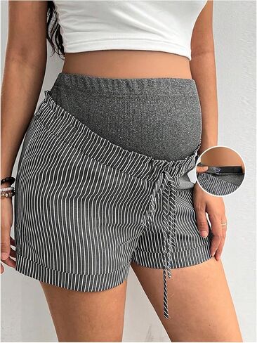 MakeMeChic Women's Maternity Shorts Striped Drawstring Waist Rib Knitted Pregnancy Shorts in Saudi Arabia