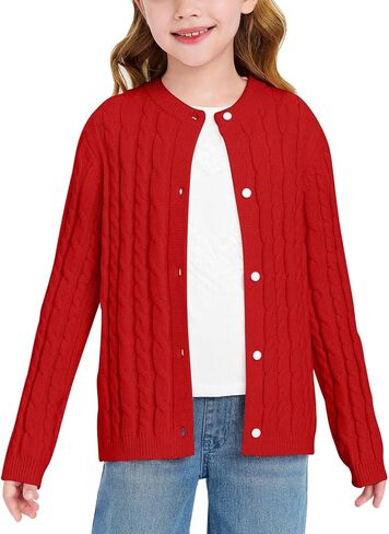 Haloumoning Girls Cable Knit Cardigan Kids Button Down Long Sleeve Knit Sweater Clothes 5-14 Years in Saudi Arabia