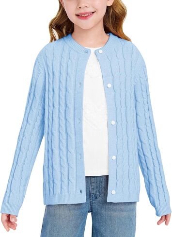 Haloumoning Girls Cable Knit Cardigan Kids Button Down Long Sleeve Knit Sweater Clothes 5-14 Years in Saudi Arabia