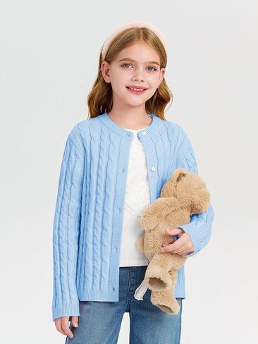 Haloumoning Girls Cable Knit Cardigan Kids Button Down Long Sleeve Knit Sweater Clothes 5-14 Years in Saudi Arabia