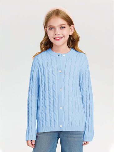 Haloumoning Girls Cable Knit Cardigan Kids Button Down Long Sleeve Knit Sweater Clothes 5-14 Years in Saudi Arabia