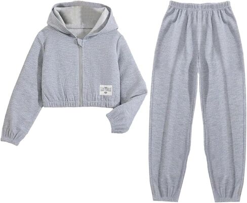 Girls Zip Up Hoodie Drop Shoulder Crop Sweatshirt and Elastic Waist Sweatpant Legging Pants Fall Sweatsuit Tracksuits in Saudi Arabia